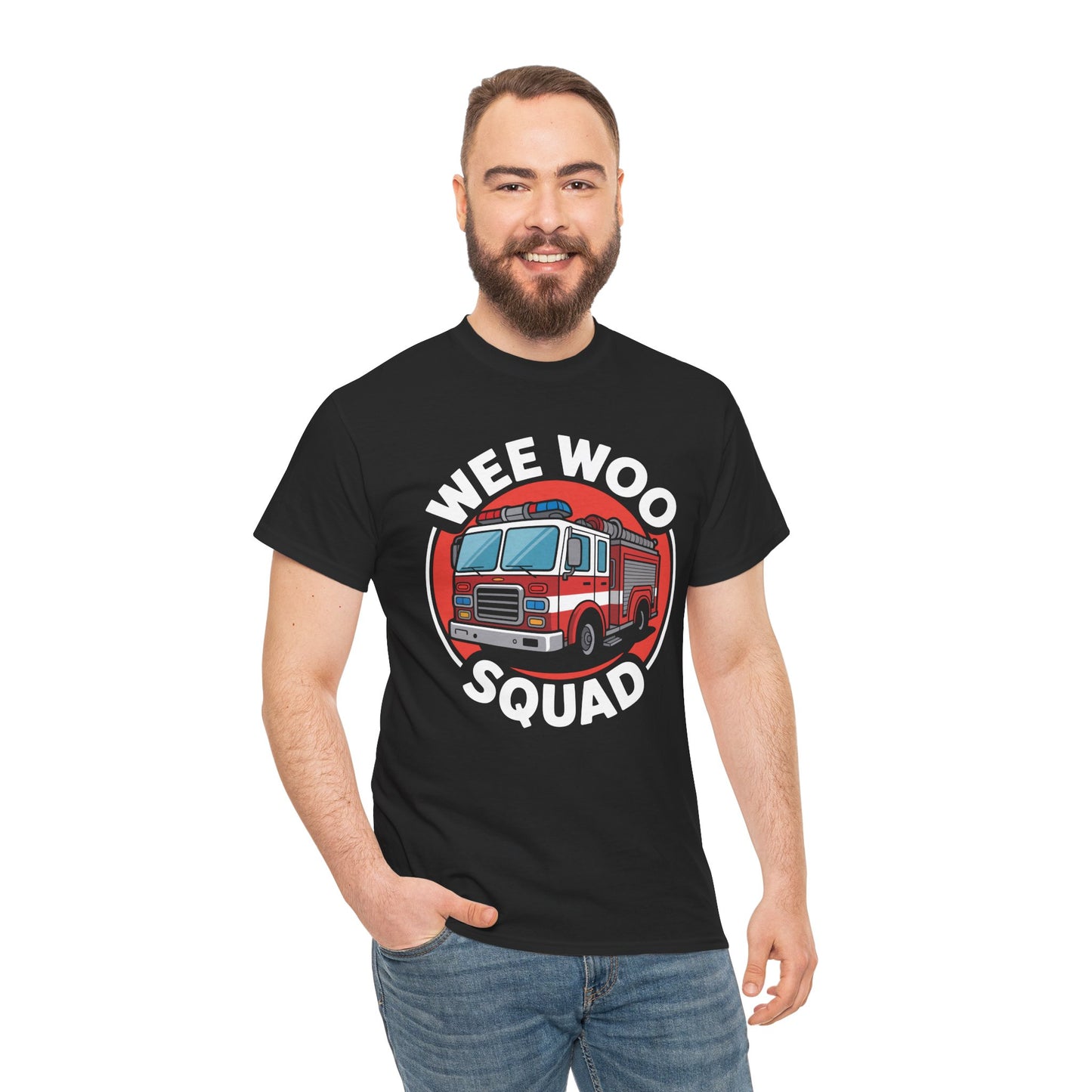 “Male model in Teezoca Wee Woo Squad t-shirt, funny cartoon fire engine design, black tee, casual pose.”

