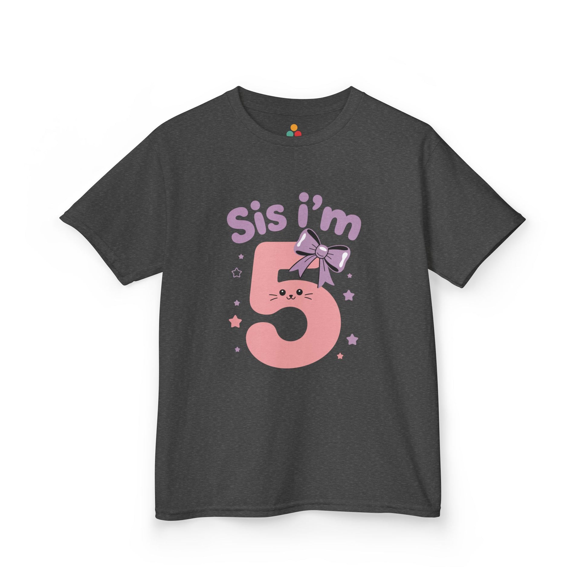 Charcoal grey kids’ t‑shirt with pink “Sis I’m 5” kitty face, lilac bow, and pastel stars, flat front view.