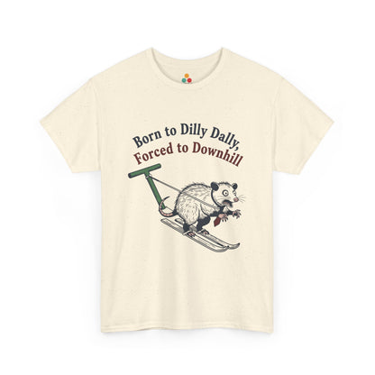 Opossum Skiing Graphic T-Shirt - "Born to Dilly Dally, Forced to Downhill" Funny Winter Tee | TEEZOCA 