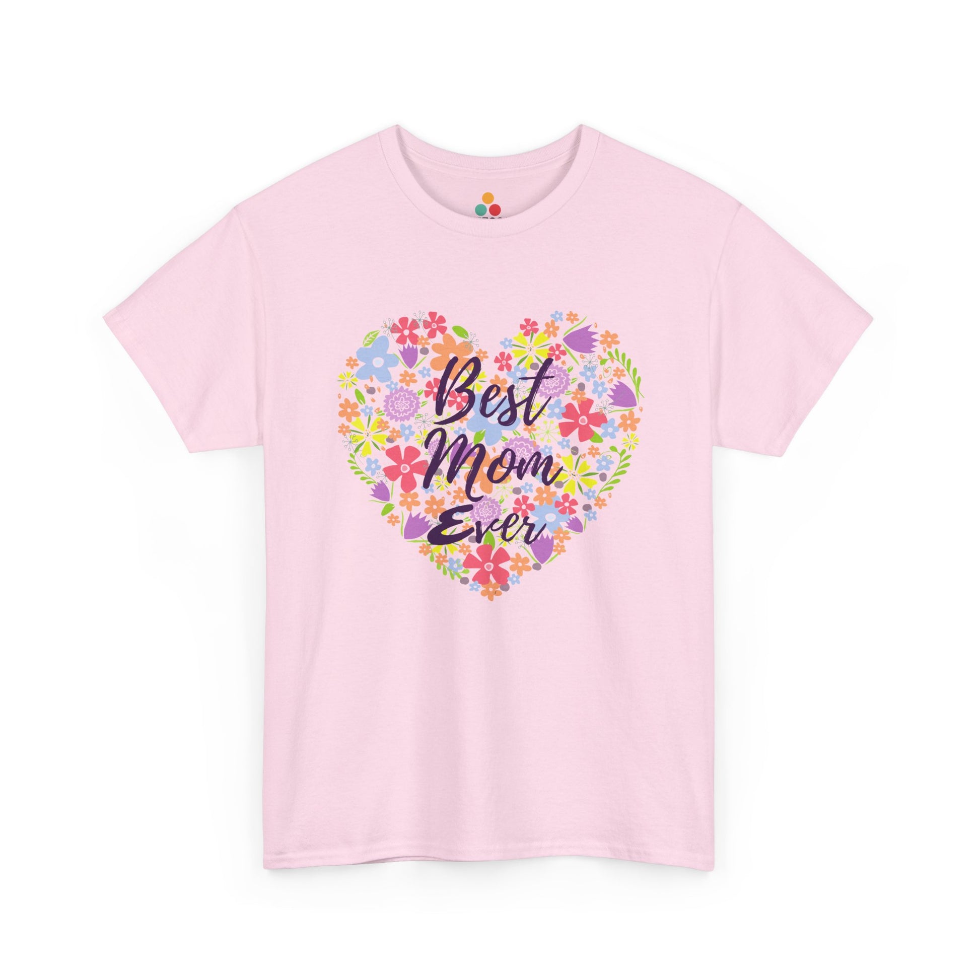 TEEZOCA light pink “Best Mom Ever” cute floral mom graphic t‑shirt shown flat.