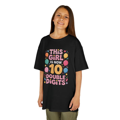 “Girl wearing black ‘This Girl Is Now 10 Double Digits’ balloon shirt, colorful 10th birthday tee, front view.”

