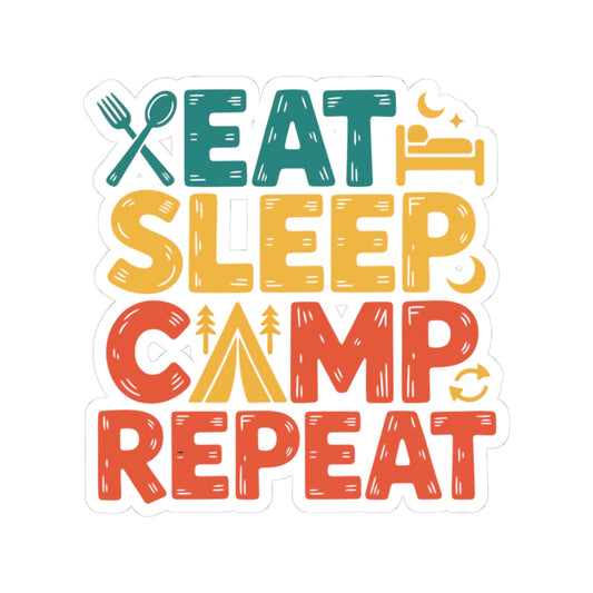 TEEZOCA Eat Sleep Camp Repeat sticker with camping typography and outdoor icons for laptop and gear decoration