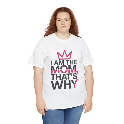 Woman wearing a white TEEZOCA “I Am The Mom, That’s Why” funny mom tee with jeans.