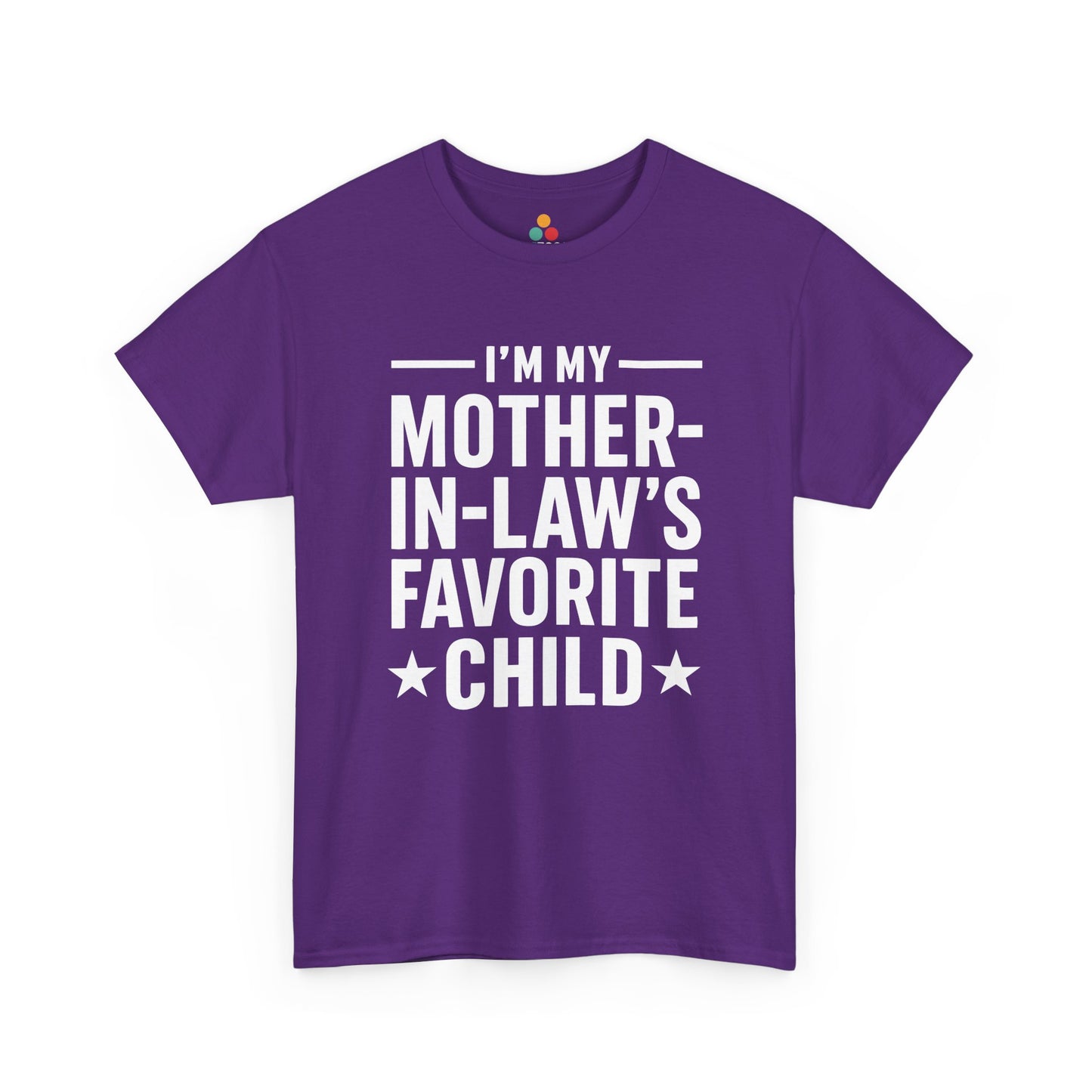 Purple unisex t‑shirt with large white “I’m My Mother‑In‑Law’s Favorite Child” text and stars, flat front view.