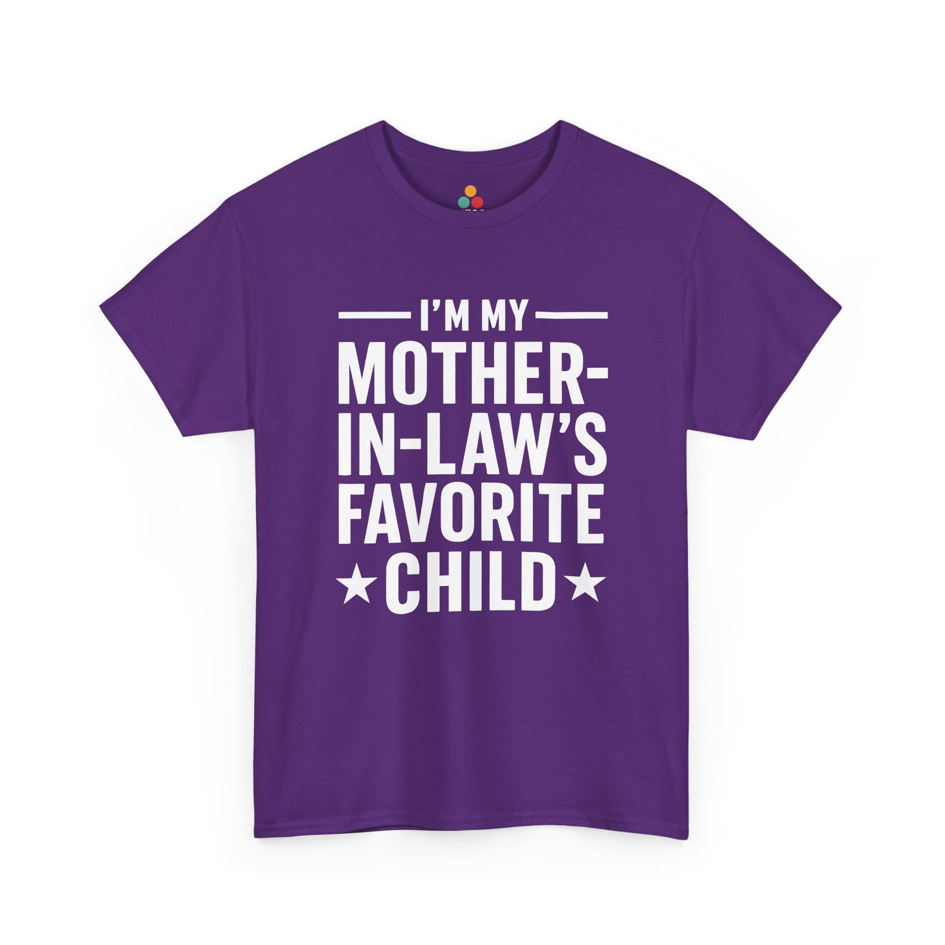 Purple unisex t‑shirt with large white “I’m My Mother‑In‑Law’s Favorite Child” text and stars, flat front view.