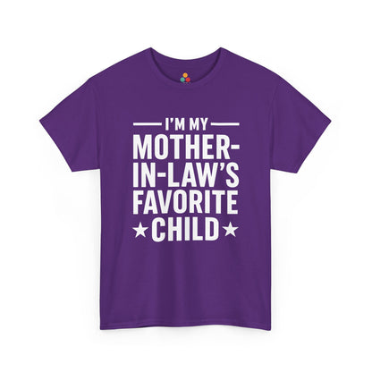 Purple unisex t‑shirt with large white “I’m My Mother‑In‑Law’s Favorite Child” text and stars, flat front view.