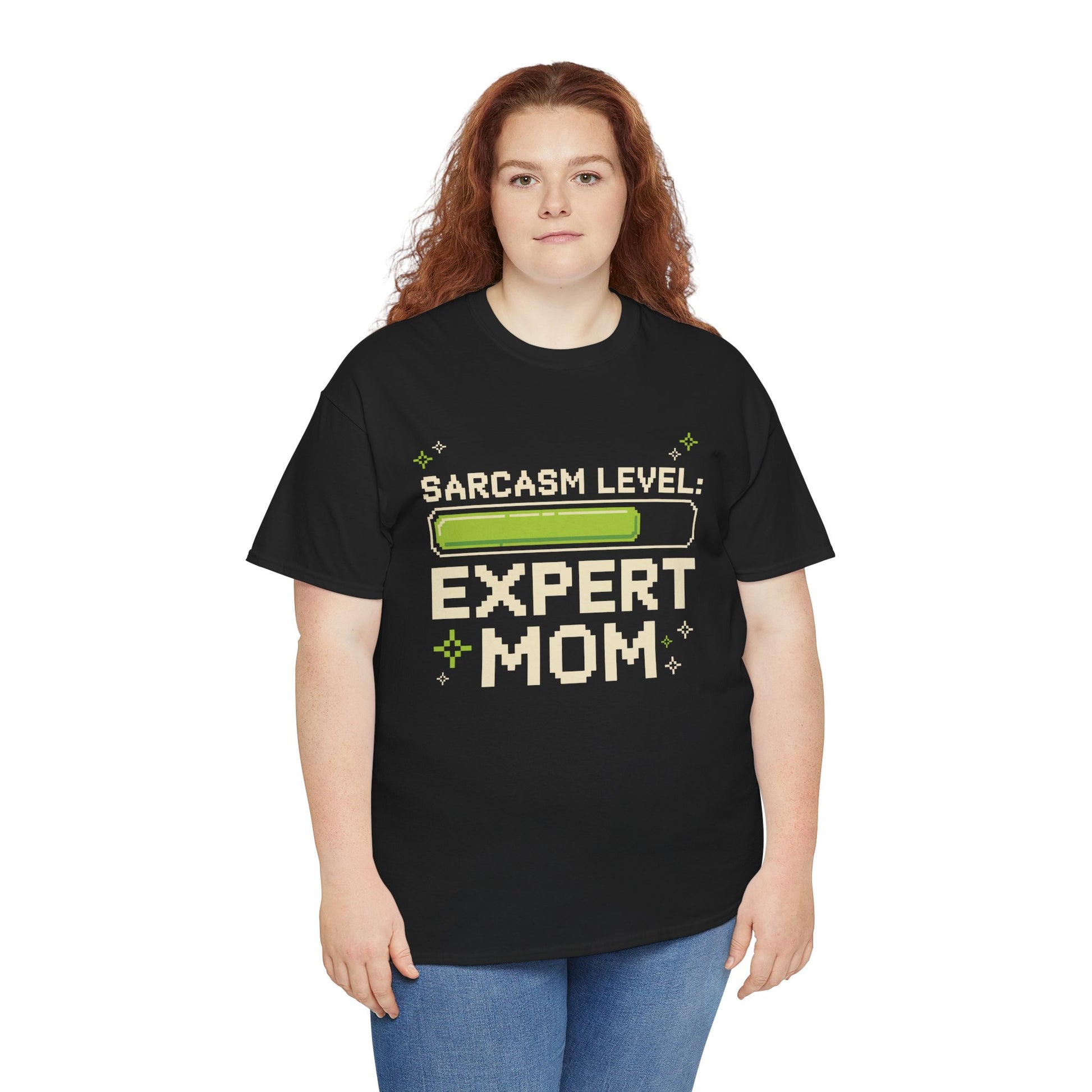 Woman wearing a TEEZOCA black “Sarcasm Level: Expert Mom” funny gamer mom tee.