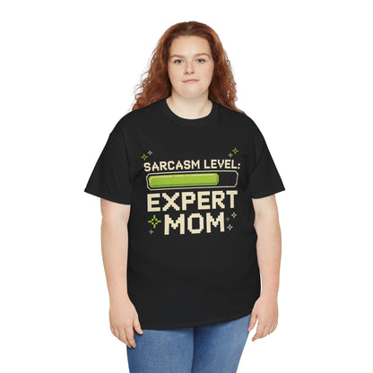 Woman wearing a TEEZOCA black “Sarcasm Level: Expert Mom” funny gamer mom tee.