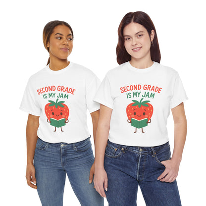 2 Women Wearing Second Grade Is My Jam Strawberry white T-Shirt Back to School Teachers Tee