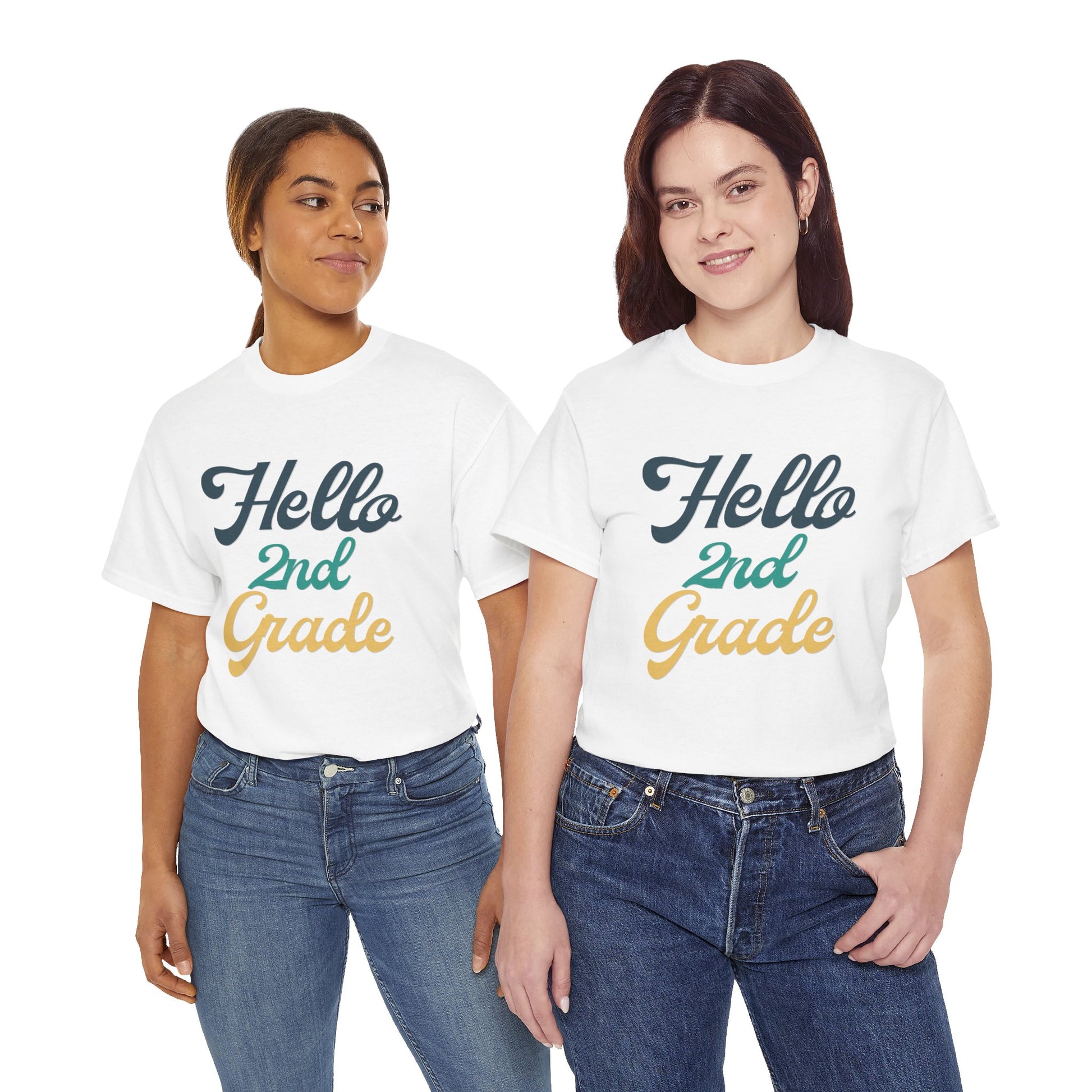 2 teachers wearing matching TEEZOCA "Hello 2nd Grade" t-shirts in white.