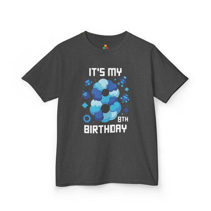 “Charcoal gray ‘It’s My 8th Birthday’ t‑shirt, blue cloud‑style 8 and pixel bots, 8th birthday gamer top, flat display.”

