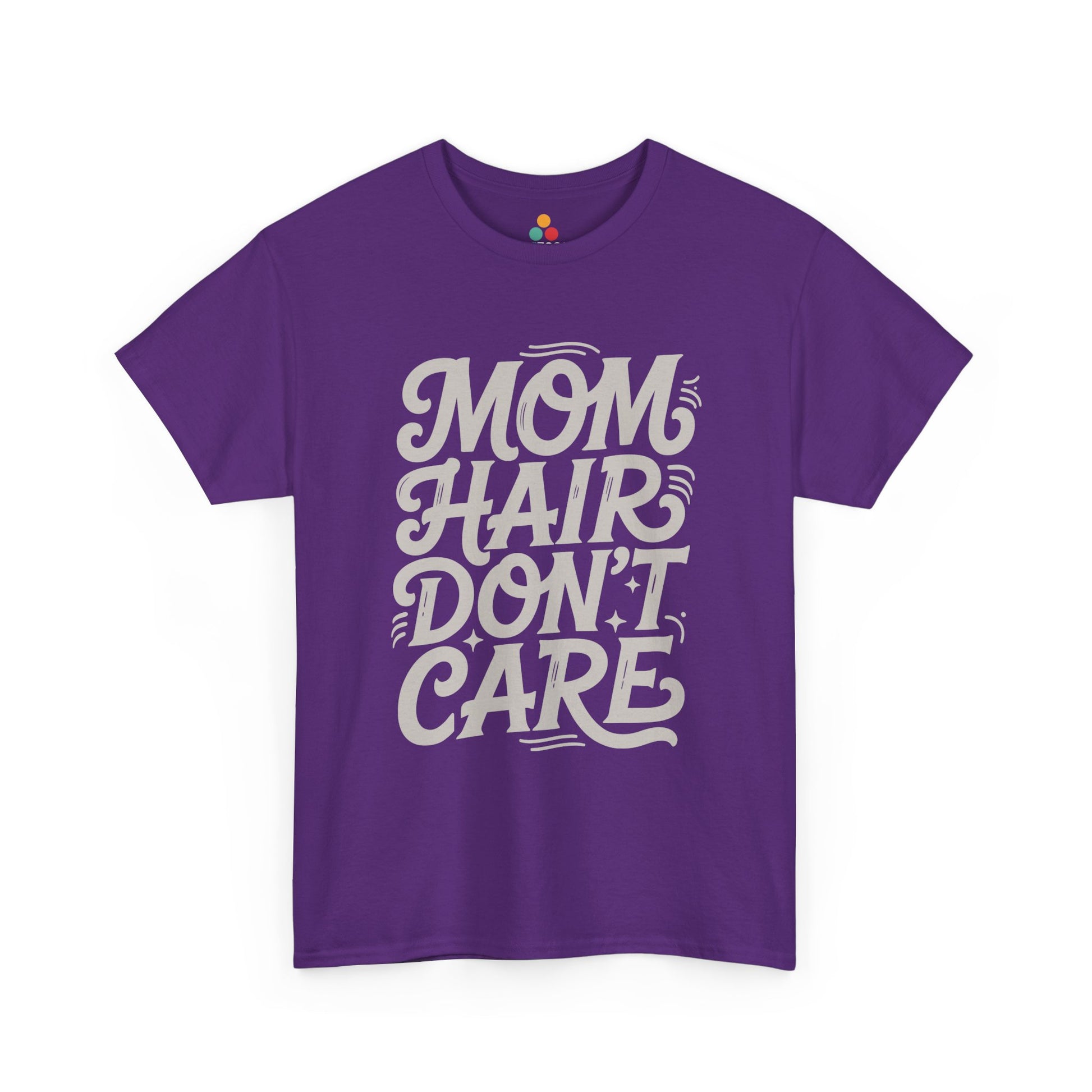 TEEZOCA purple “Mom Hair Don’t Care” cute mom graphic t‑shirt shown flat.