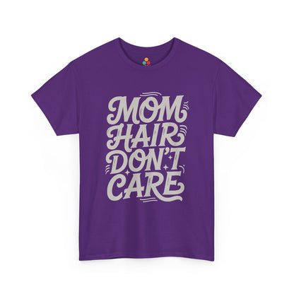 TEEZOCA purple “Mom Hair Don’t Care” cute mom graphic t‑shirt shown flat.