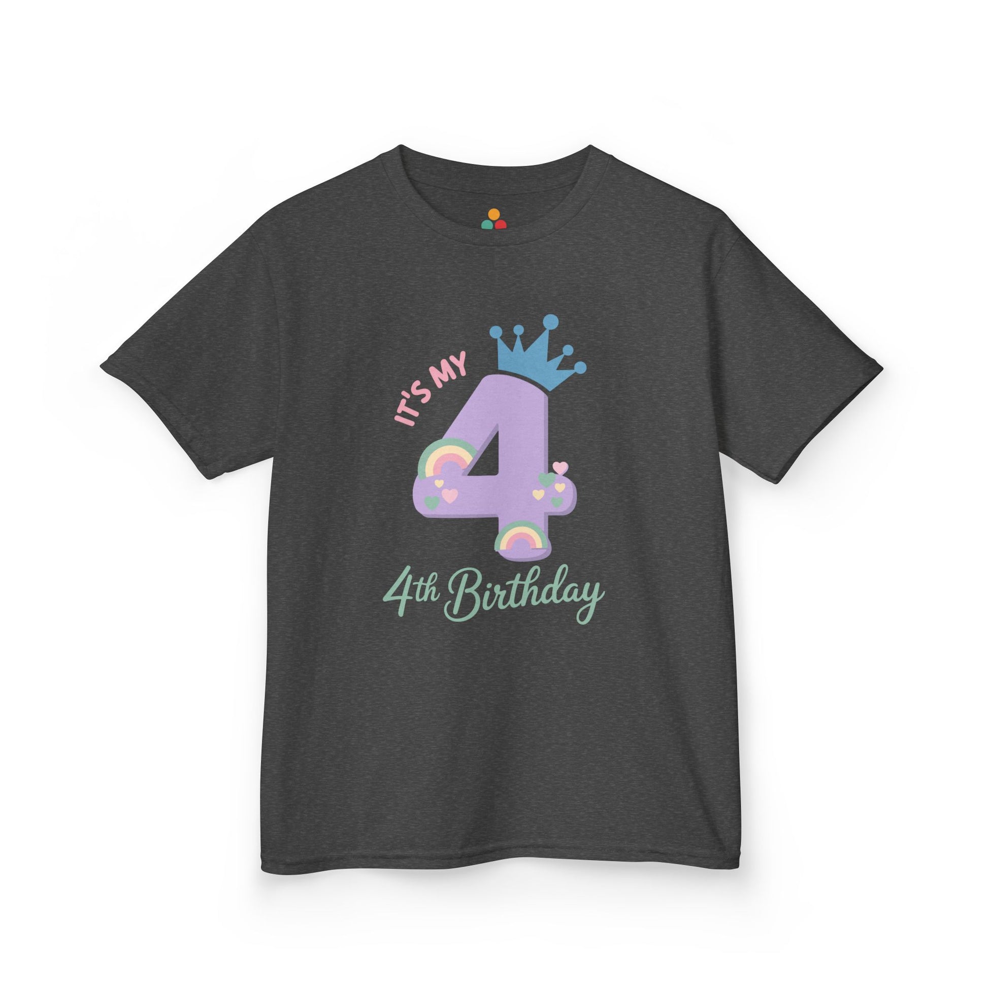 Charcoal grey kids’ t‑shirt with lavender 4, teal crown, pastel rainbows and hearts, and “It’s My 4th Birthday” text, flat front view