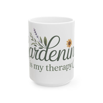 TEEZOCA garden lover mug showing Gardening Is My Therapy text with botanical accents