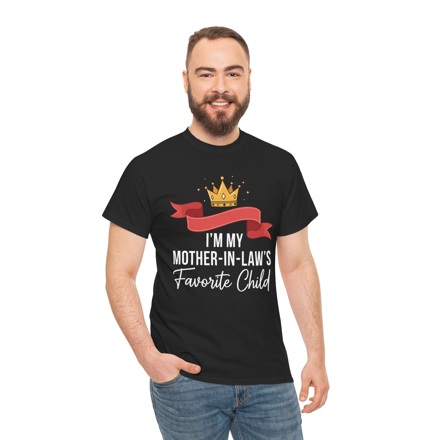 Man modeling a TEEZOCA “I’m My Mother‑in‑Law’s Favorite Child” funny crown graphic shirt.
