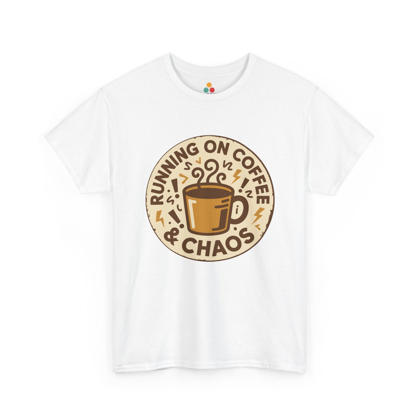 TEEZOCA white “Running On Coffee & Chaos” graphic t‑shirt shown flat with retro coffee cup design.