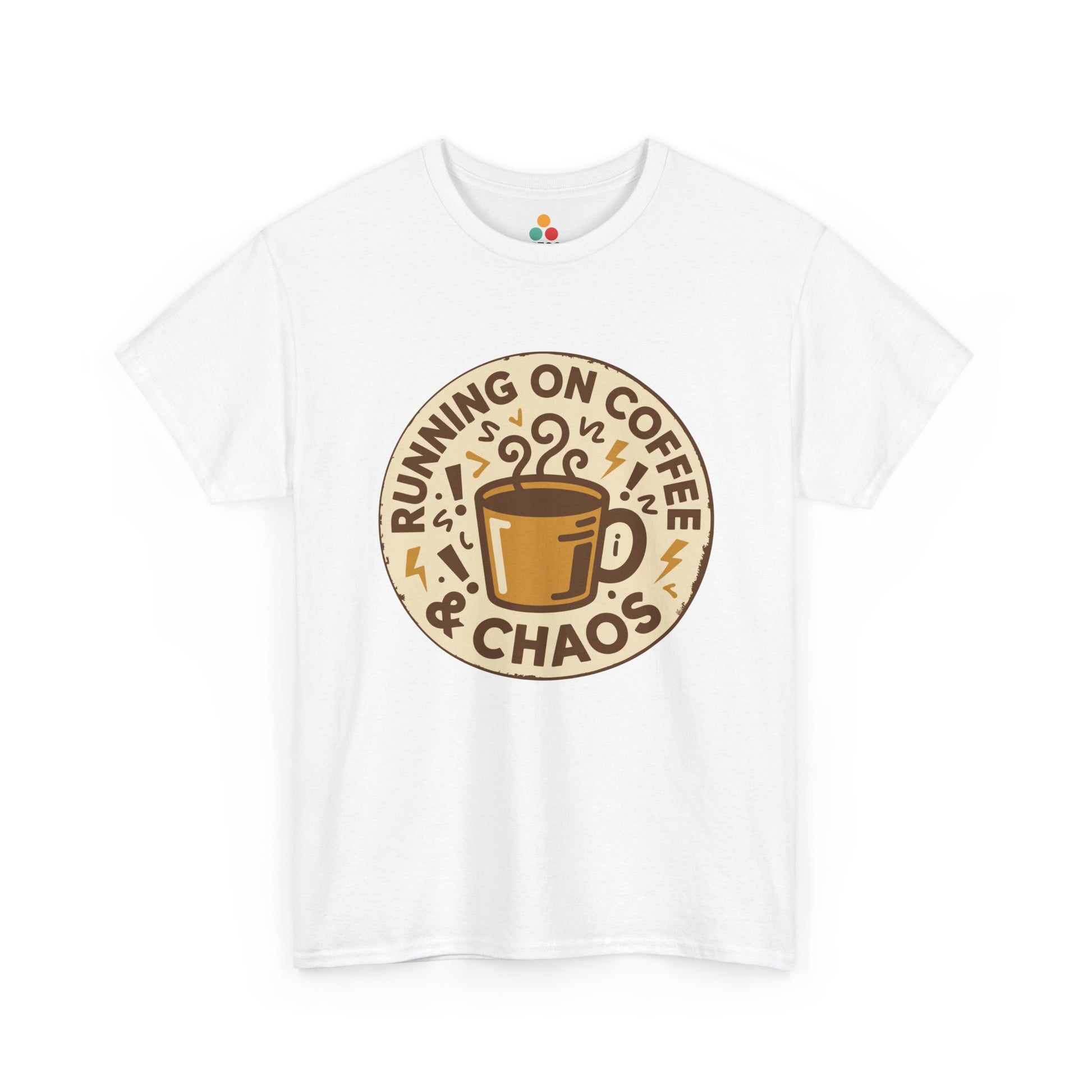 TEEZOCA white “Running On Coffee & Chaos” graphic t‑shirt shown flat with retro coffee cup design.