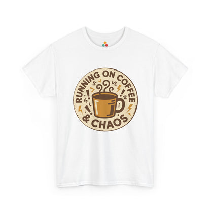 TEEZOCA white “Running On Coffee & Chaos” graphic t‑shirt shown flat with retro coffee cup design.