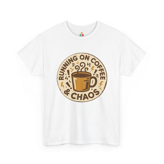 TEEZOCA white “Running On Coffee & Chaos” graphic t‑shirt shown flat with retro coffee cup design.