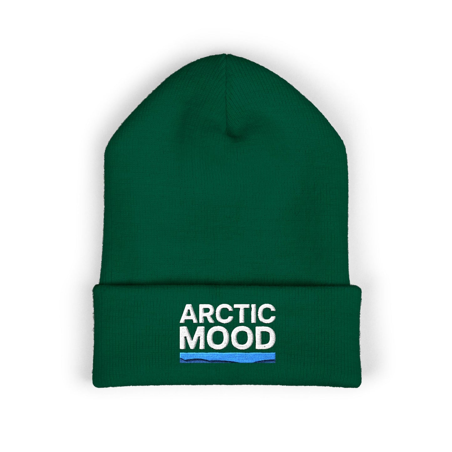 Green beanie with 'Arctic Mood' text on a white background