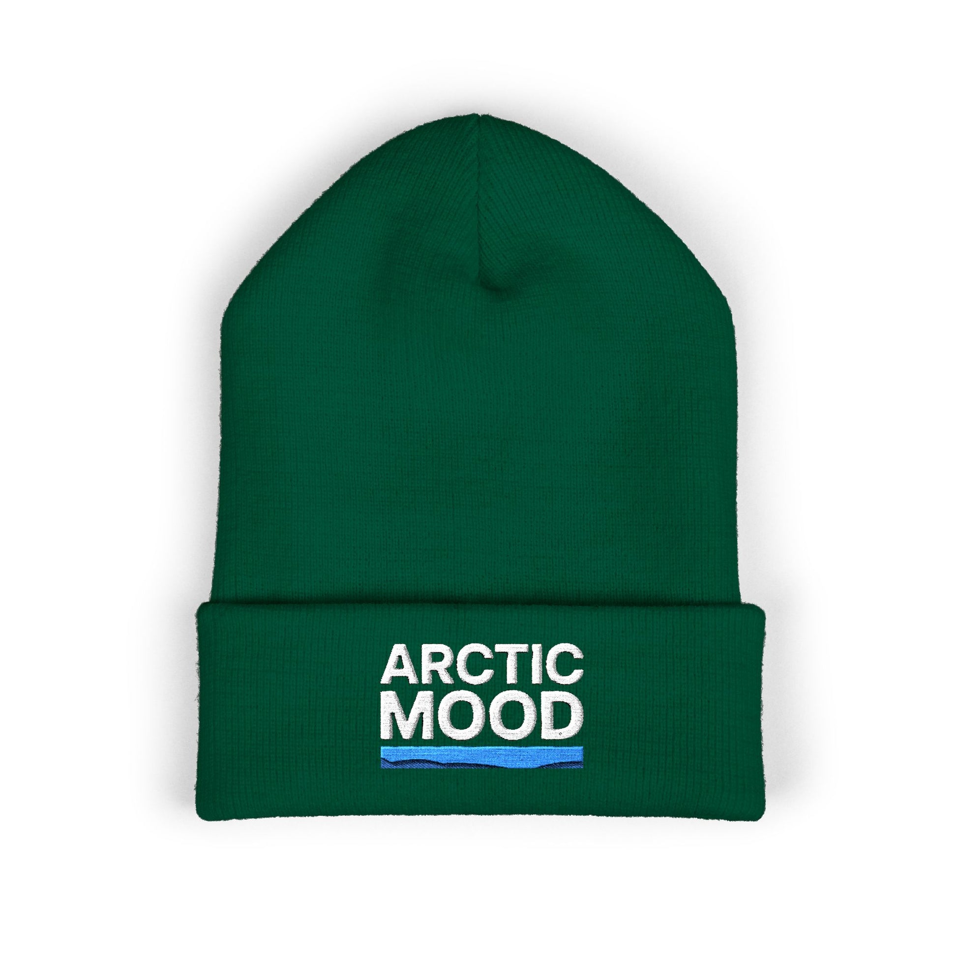 Green beanie with 'Arctic Mood' text on a white background