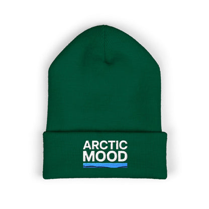 Green beanie with 'Arctic Mood' text on a white background