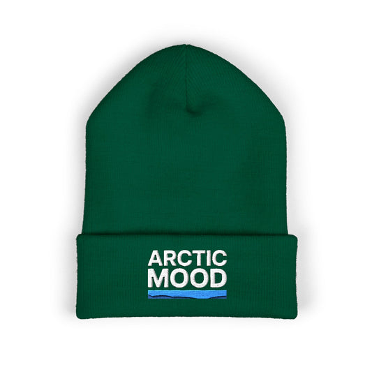 Green beanie with 'Arctic Mood' text on a white background