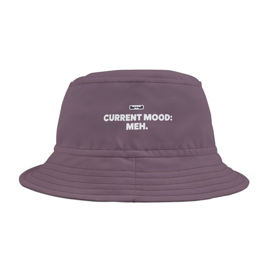 Funny purple bucket hat with 'CURRENT MOOD: MEH.' text on a white background. TEEZOCA