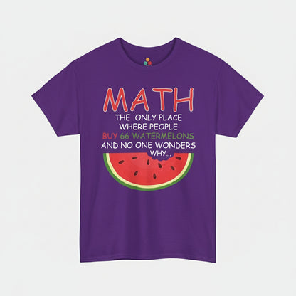 Purple t-shirt with humorous math joke design on a white background