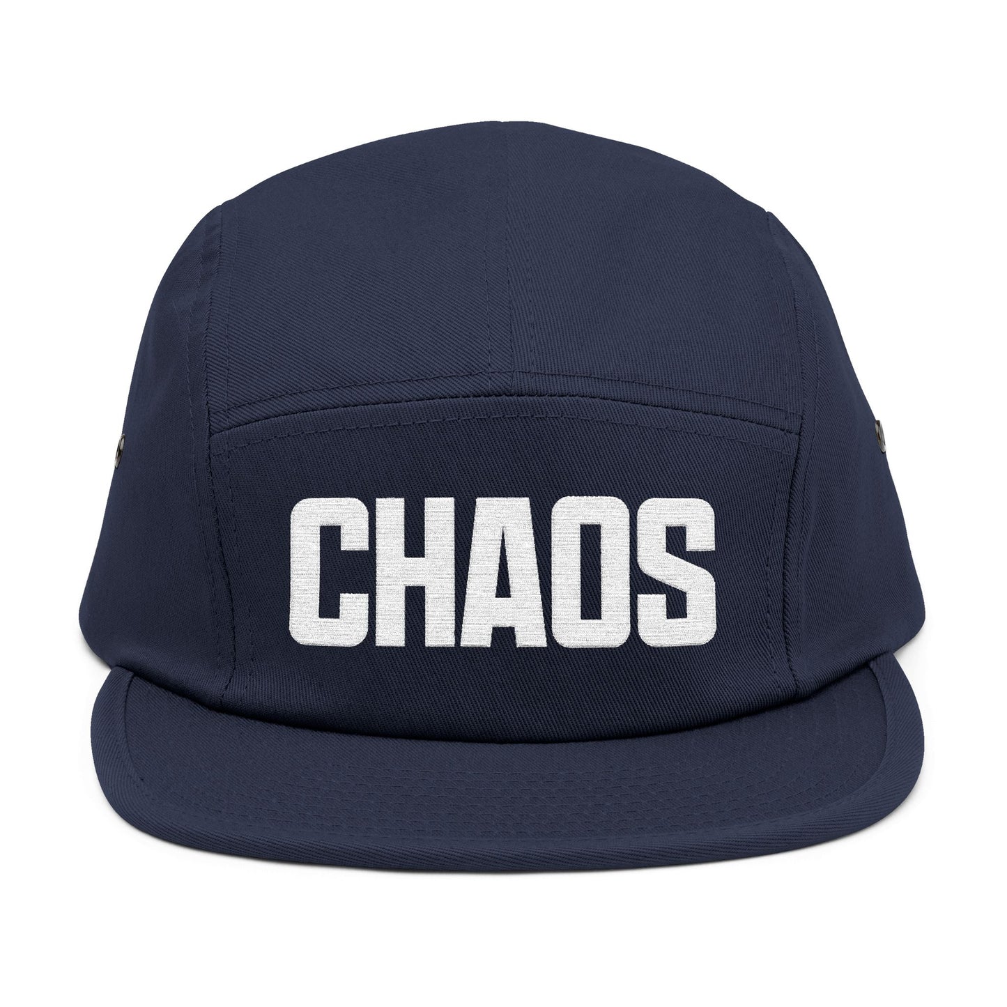 Navy blue cap with 'CHAOS' printed on the front against a white background. Minimalist CHAO⁠S typography artwork optimized for embroidery. TEEZOCA