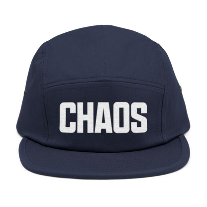 Navy blue cap with 'CHAOS' printed on the front against a white background. Minimalist CHAO⁠S typography artwork optimized for embroidery. TEEZOCA