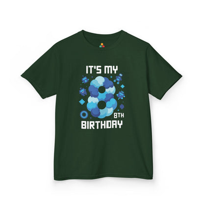 “Forest green kids ‘It’s My 8th Birthday’ gaming shirt with blue number 8 and robots, flat front.”

