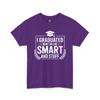 Purple TEEZOCA “I Graduated Now I’m Like Smart And Stuff” graphic t‑shirt shown flat.