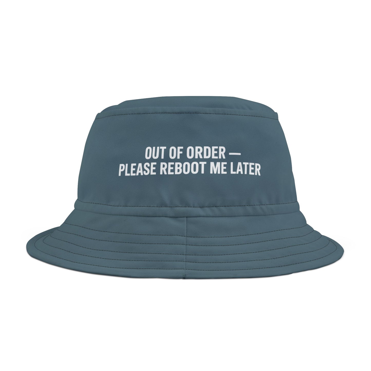 Funny blue bucket hat with text 'Out of order - please reboot me later' on a white background. TEEZOCA