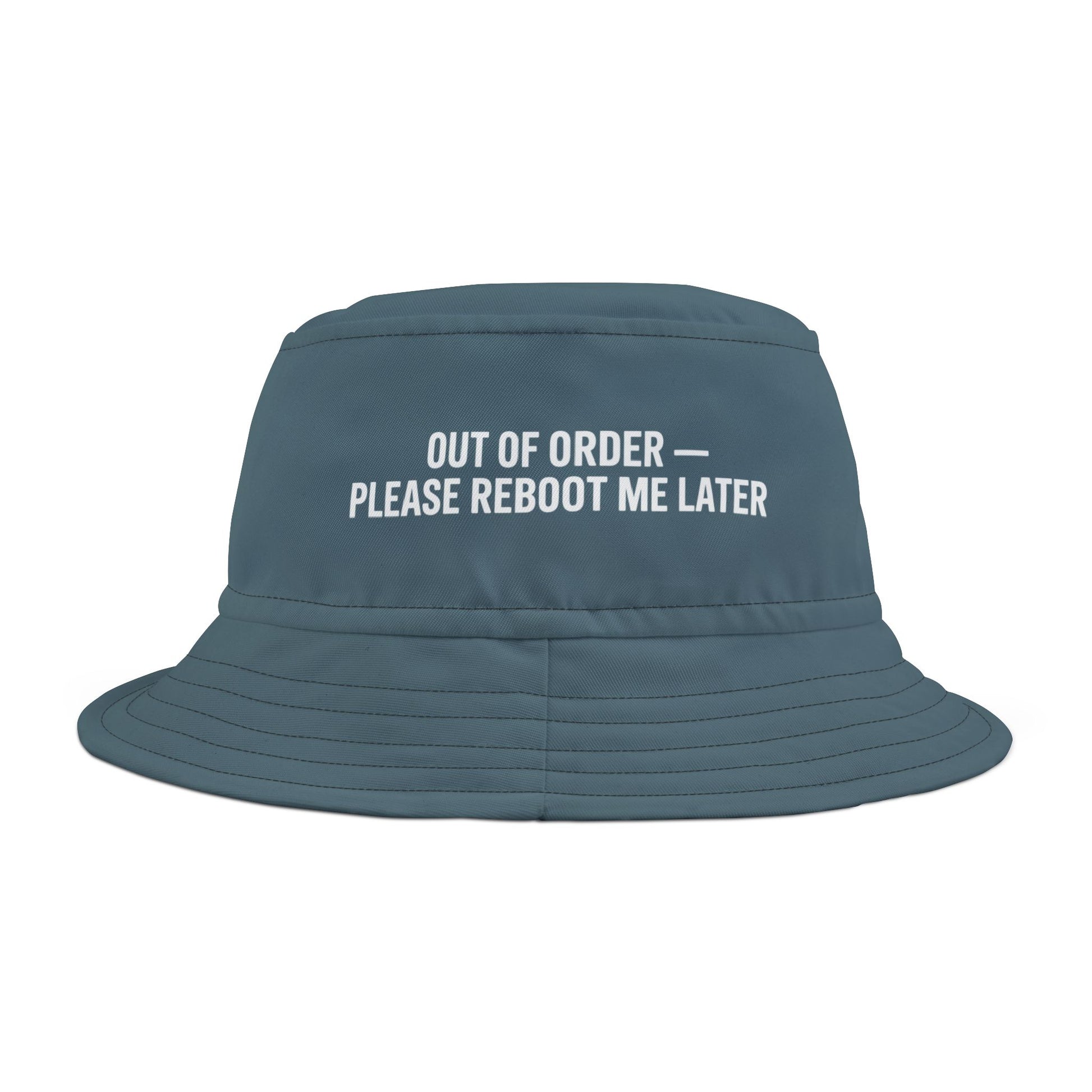 Funny blue bucket hat with text 'Out of order - please reboot me later' on a white background. TEEZOCA