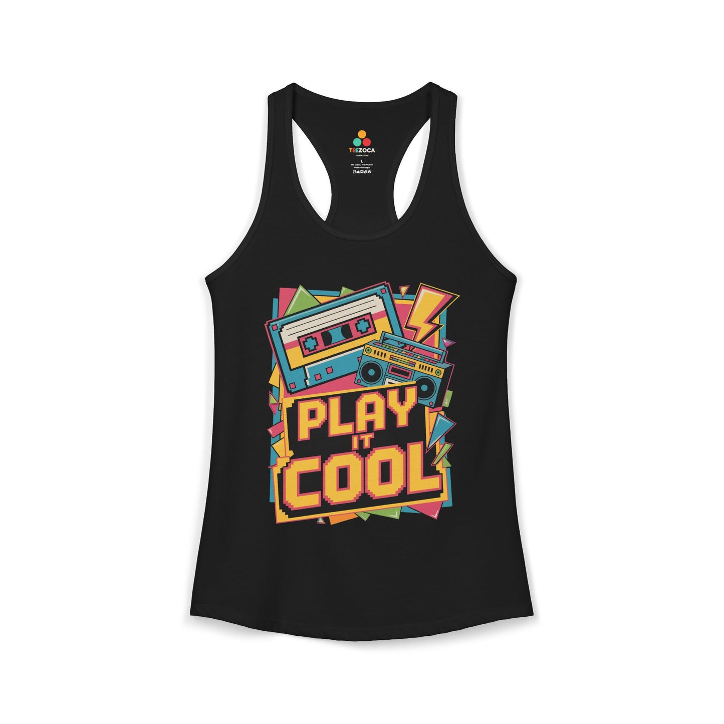 Black tank top with colorful 'Play It Cool' design featuring a cassette tape on a white background. TEEZOCA women’s retro tank top with cassette tape and boombox graphic