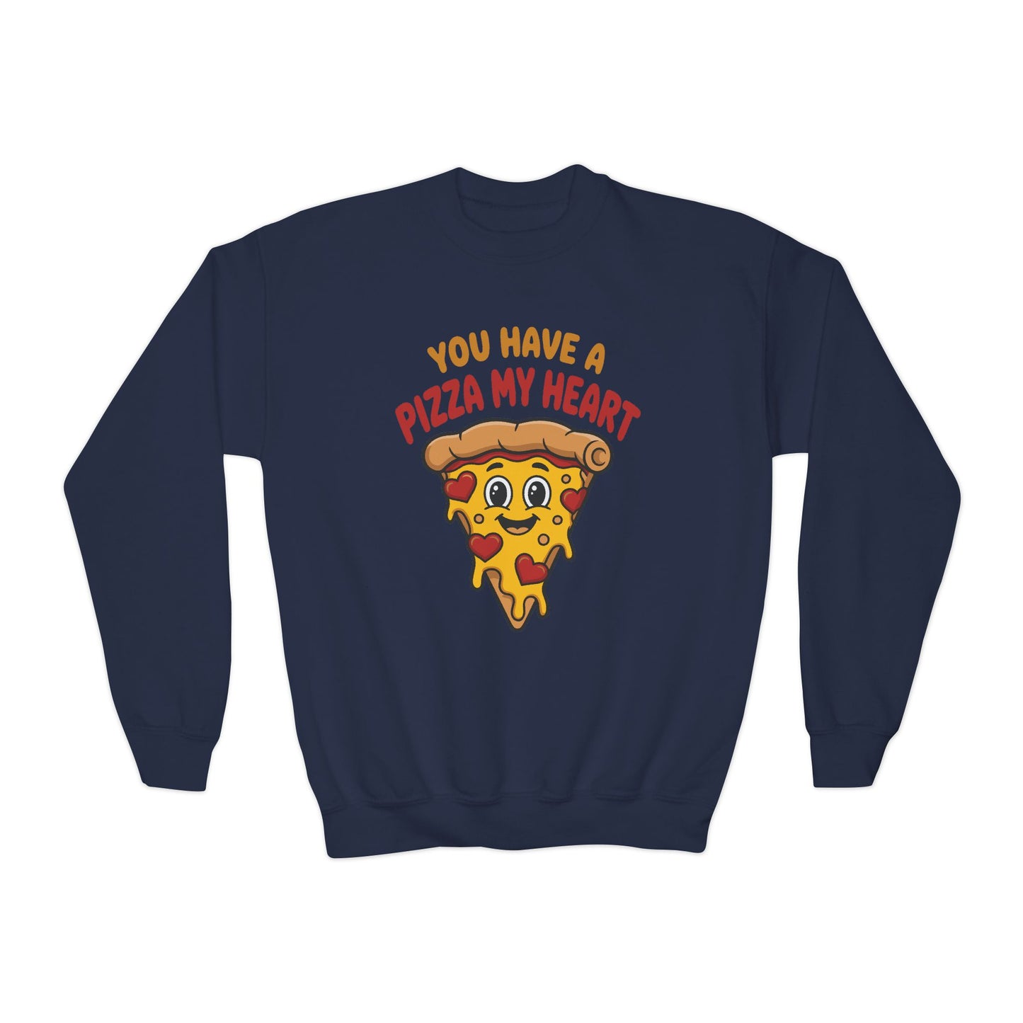 Youth Crewneck Sweatshirt - "You Have a Pizza My Heart" Cute Cartoon Pizza Graphic, Kids Valentine Crewneck TEEZOCA