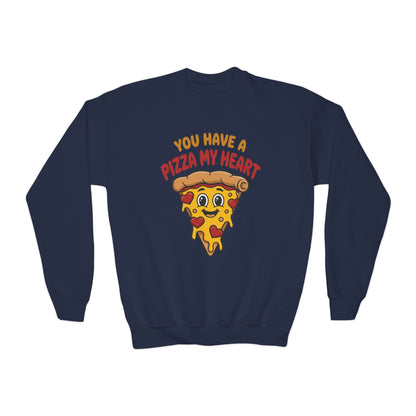 Youth Crewneck Sweatshirt - "You Have a Pizza My Heart" Cute Cartoon Pizza Graphic, Kids Valentine Crewneck TEEZOCA
