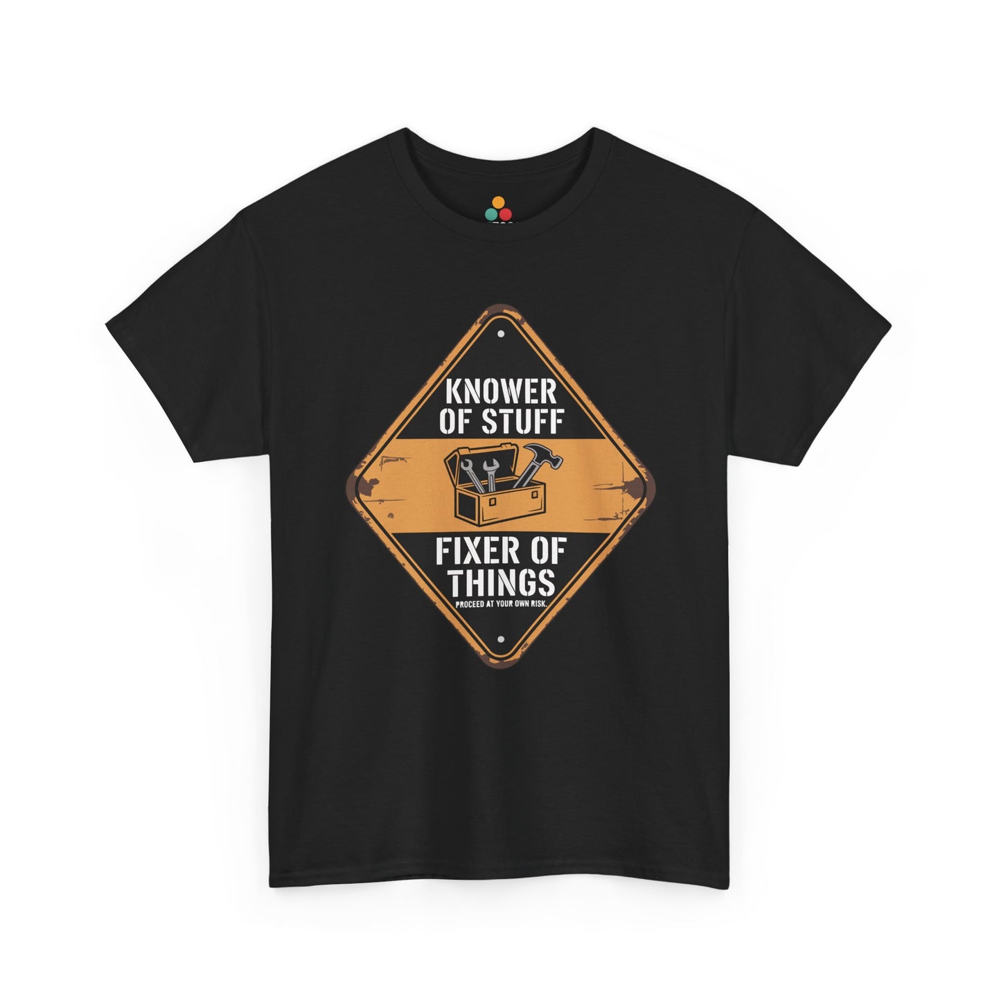 TEEZOCA black “Knower Of Stuff Fixer Of Things” handyman graphic t-shirt shown flat.