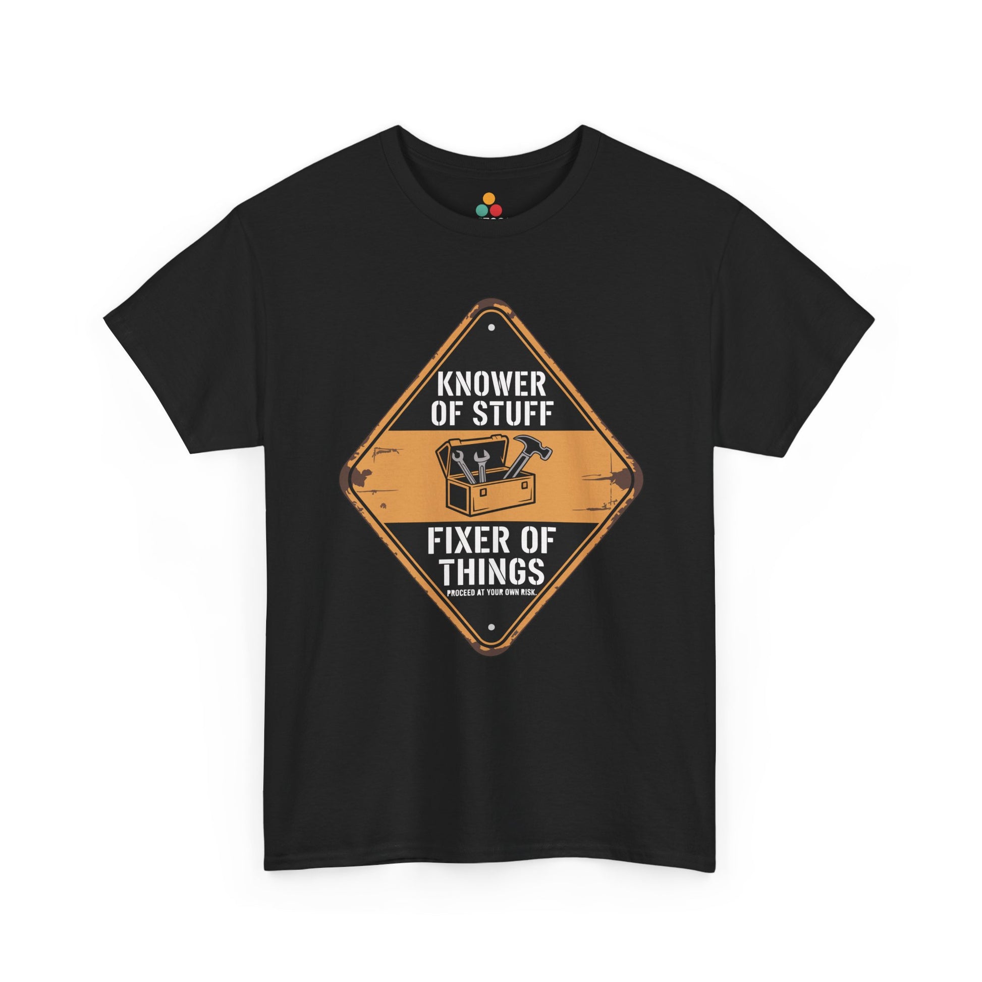 TEEZOCA black “Knower Of Stuff Fixer Of Things” handyman graphic t-shirt shown flat.