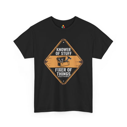 TEEZOCA black “Knower Of Stuff Fixer Of Things” handyman graphic t-shirt shown flat.
