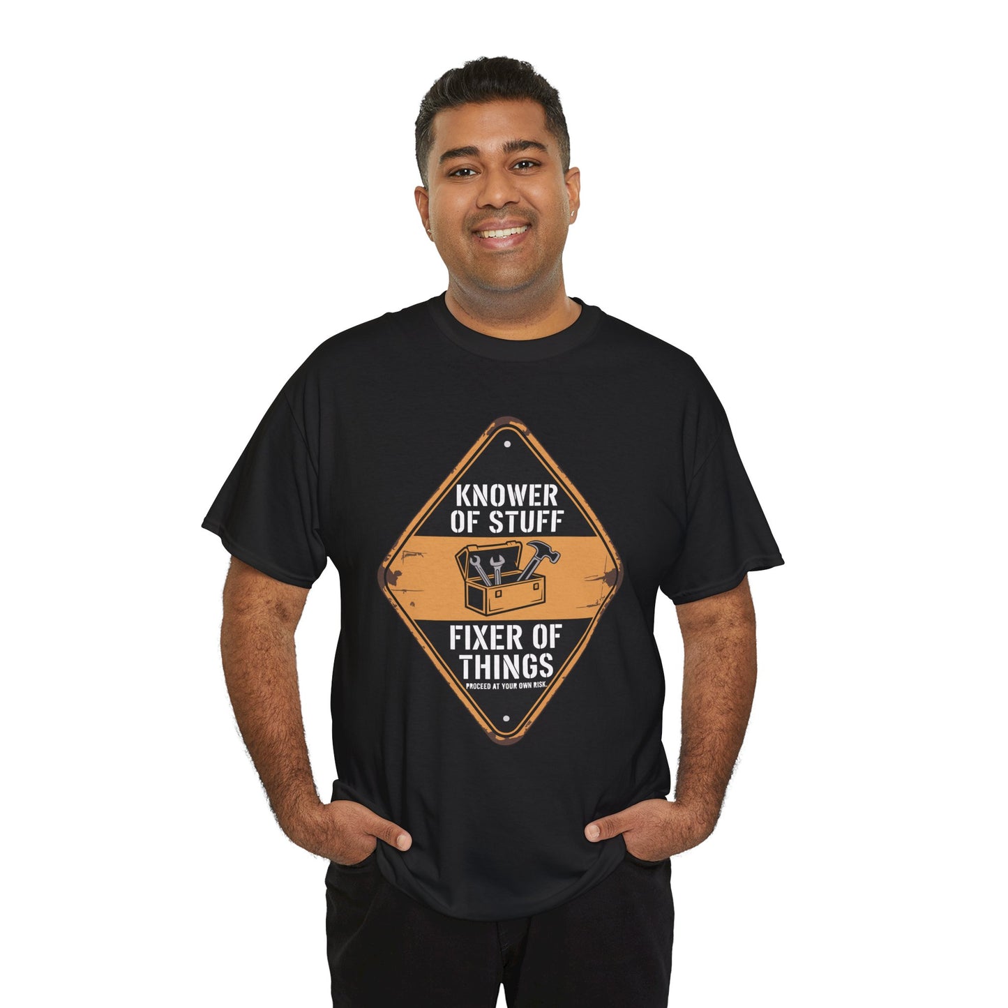 Smiling man wearing a TEEZOCA “Knower Of Stuff Fixer Of Things” funny handyman t-shirt.