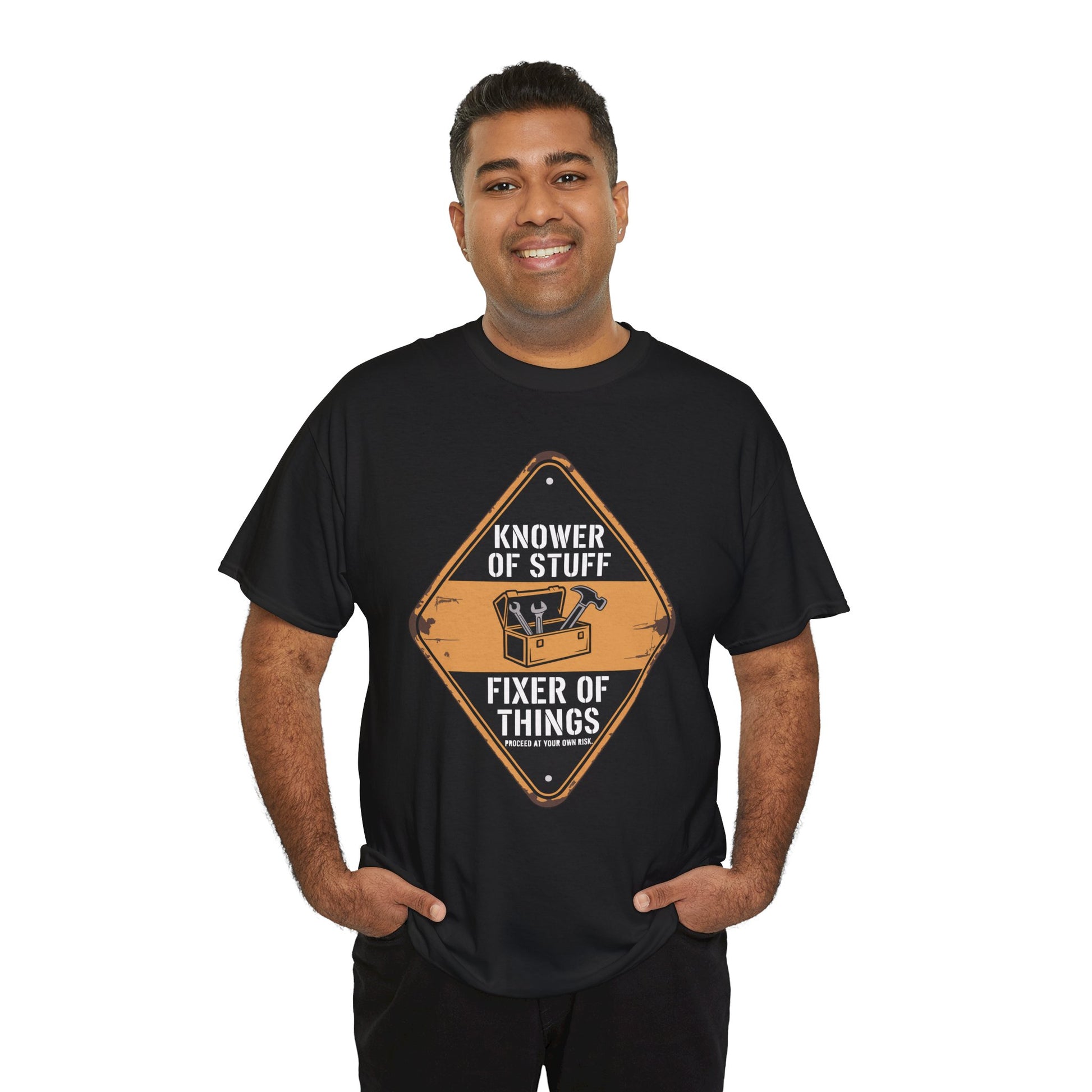 Smiling man wearing a TEEZOCA “Knower Of Stuff Fixer Of Things” funny handyman t-shirt.