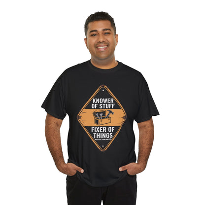 Smiling man wearing a TEEZOCA “Knower Of Stuff Fixer Of Things” funny handyman t-shirt.