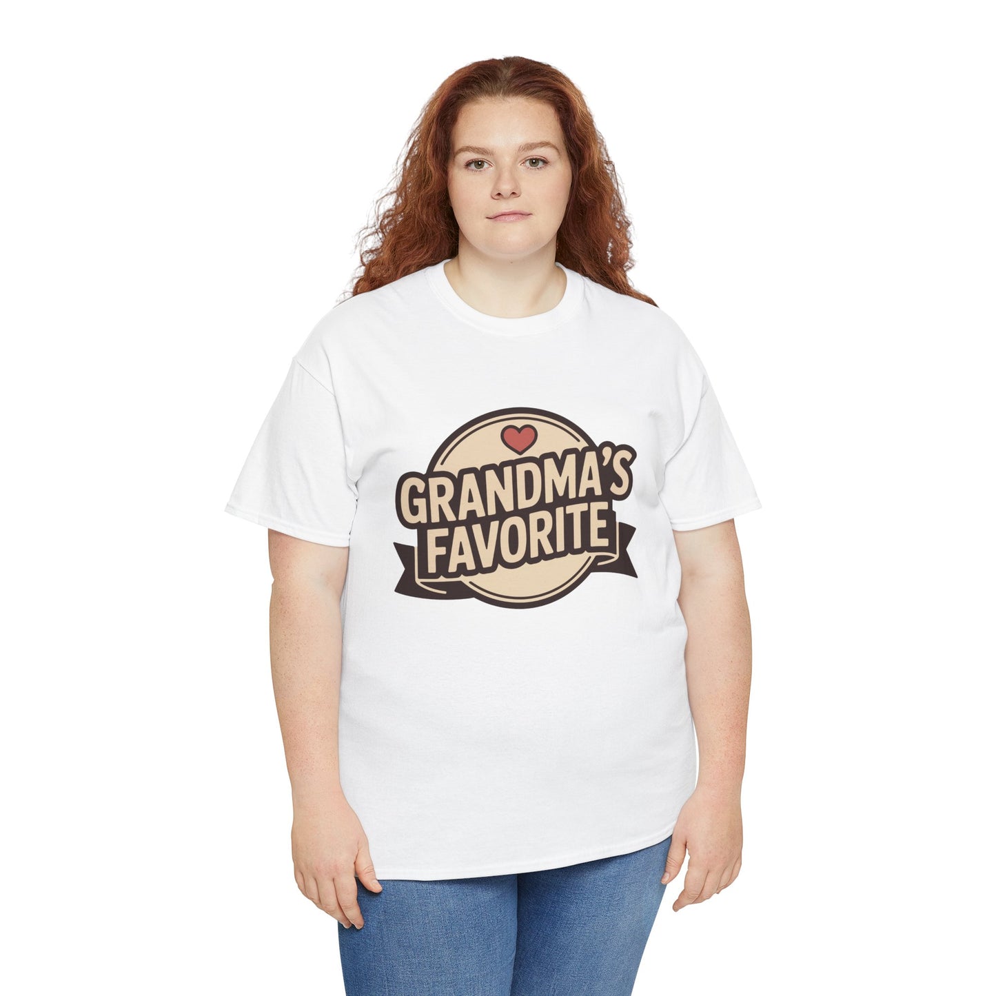 Woman modeling a TEEZOCA “Grandma’s Favorite” grandkid gift t‑shirt.