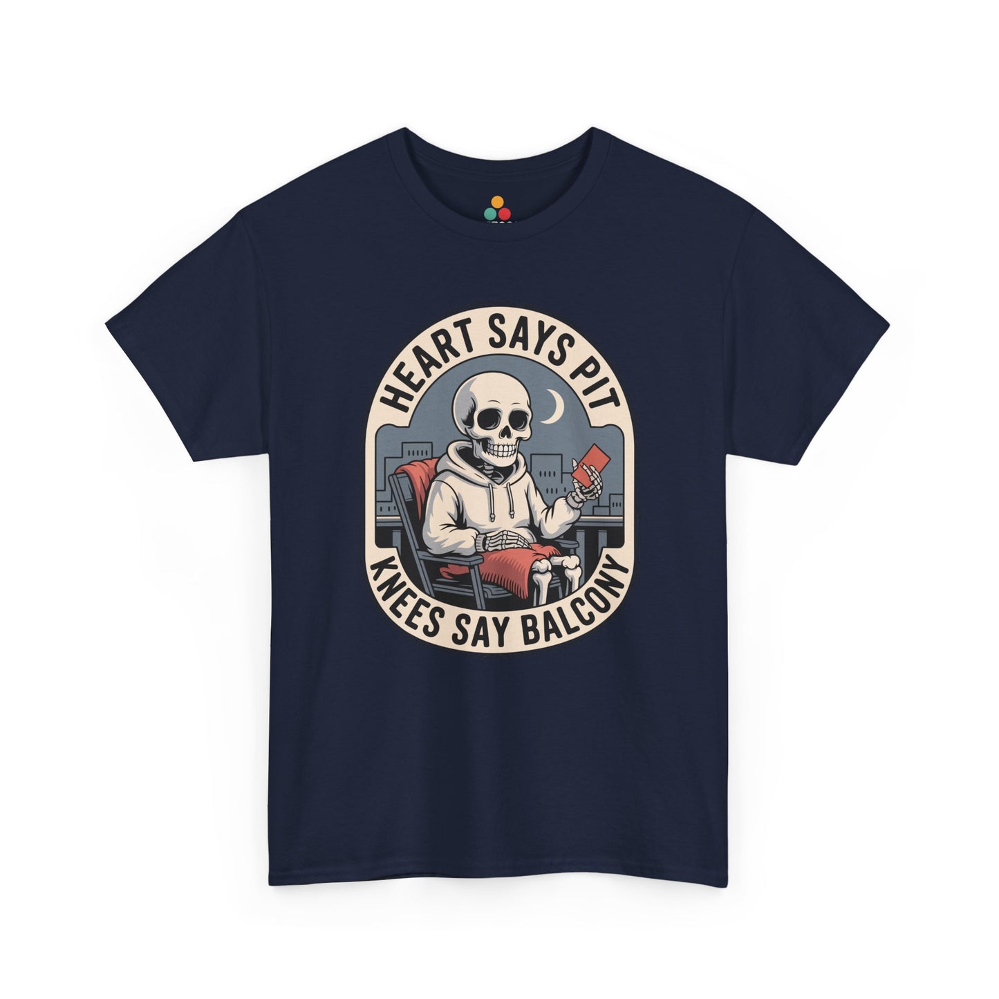 Navy t-shirt mockup with skeleton boxing gloves heart says pit knees say balcony badge, front print.​

