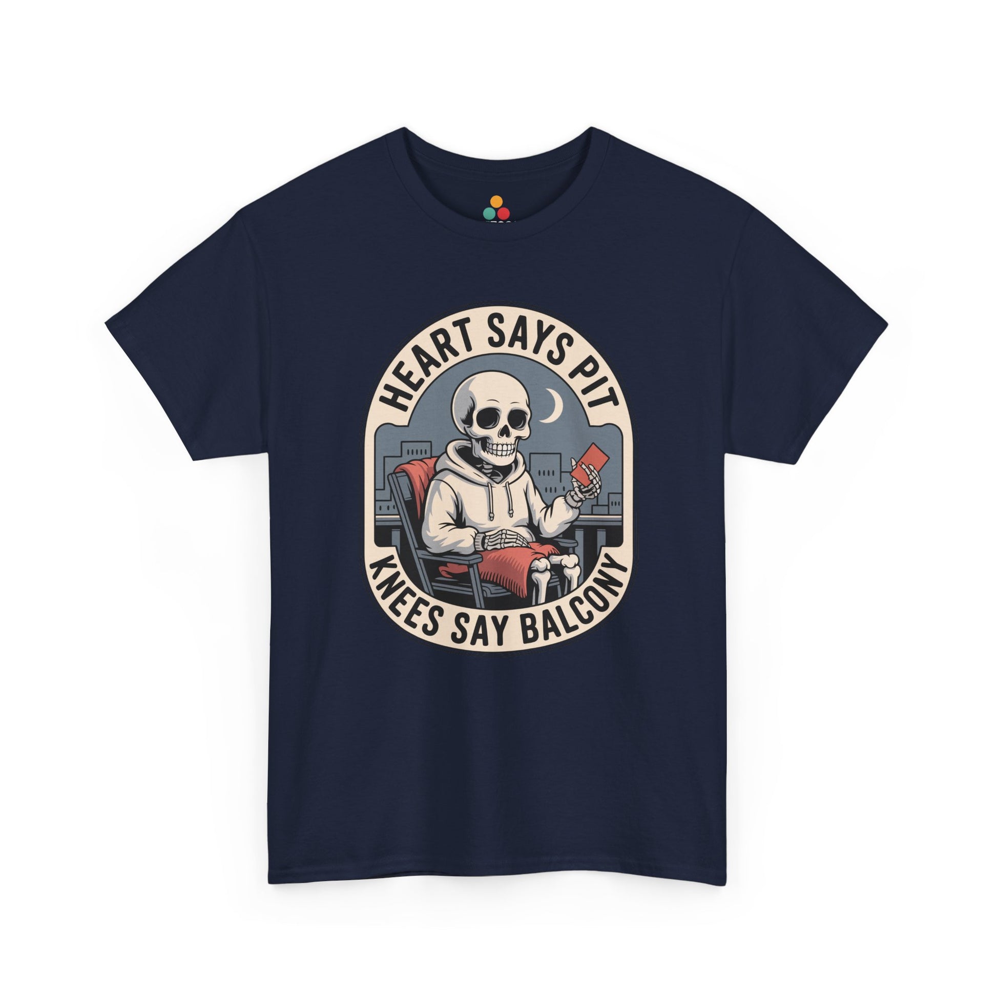 Navy t-shirt mockup with skeleton boxing gloves heart says pit knees say balcony badge, front print.​

