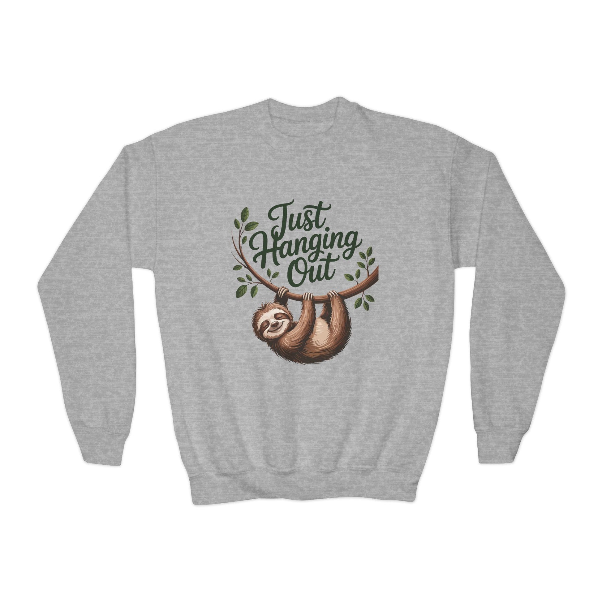Youth Crewneck Sweatshirt — "Just Hanging Out" Sloth Graphic TEEZOCA