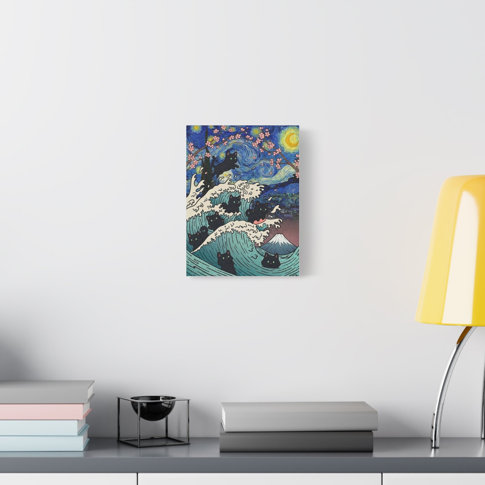 Starry Night Black Cat Wave Canvas Art – Aesthetic Fine Art Decor | TEEZOCA 